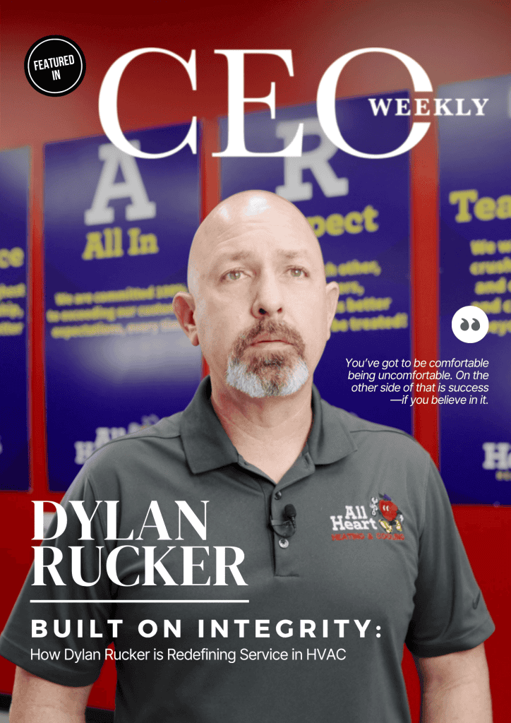 Bald man with goatee wearing an “All Heart” polo stands in front of colorful posters; magazine text highlights him as CEO Dylan Rucker of an HVAC company.