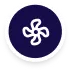 White fan icon centered in a dark blue circle, symbolizing ventilation or air circulation.